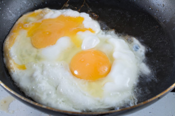 two chicken eggs on a pan