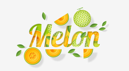 Word melon design decorated with melon fruits and leaves in paper art style , vector , illustration - obrazy, fototapety, plakaty