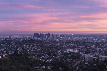 Dusk view of downtown Los Angeles California from Griffith Park in the Santa Monica Mountains.  
