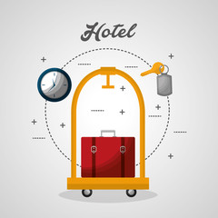 hotel luggage trolley and red suitcase