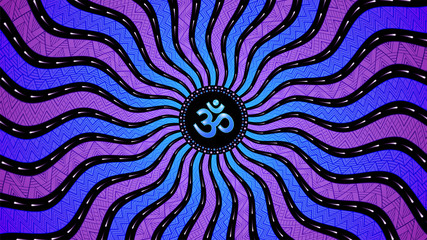 Divinely symbol Om; Spiritual sacred geometry, mandala in trance psychedelic style; Vector illustration, horizontal format. - obrazy, fototapety, plakaty