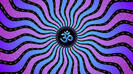 Divinely symbol Om; Spiritual sacred geometry, mandala in trance psychedelic style; Vector illustration, horizontal format.