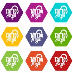 Tattoo style icons 9 set coloful isolated on white for web