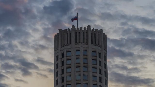 State flag of the Russian Federation over the House Of Government Of The Russian Federation,time lapse