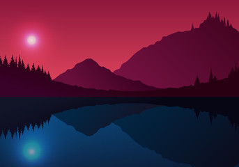 Mountains on a Lake Landscape Background, Flat Vector Illustration Pink and Blue