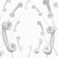 Levitating Phone Handsets. Identical white handsets of old-fashioned wire telephones suspended in air on white background. 3D rendering graphics on the subject of 'Communications Technology'.