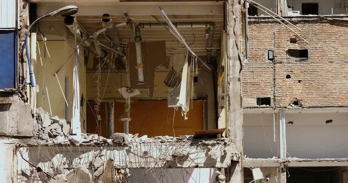 Demolish site of an old office building - view on the demolished structure of office interior