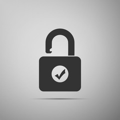 Open padlock and check mark icon isolated on grey background. Security check lock sign. Flat design. Vector Illustration