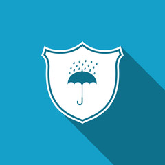Waterproof icon isolated with long shadow. Shield and umbrella. Water protection sign. Water resistant symbol. Flat design. Vector Illustration