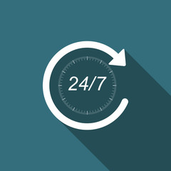 Open 24 hours a day and 7 days a week icon isolated with long shadow. All day cyclic icon. Flat design. Vector Illustration