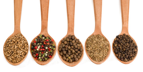 Spices in wooden spoons isolated on white