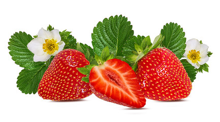 Fresh strawberry with leafs and flowers isolated on white background with clipping path