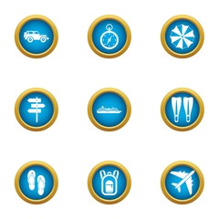 Tropical flight icons set. Flat set of 9 tropical flight vector icons for web isolated on white background