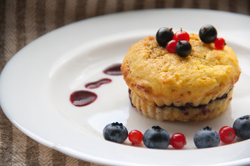 Homemade black currant cheese muffin with fresh berries and cherry sauce on white plate