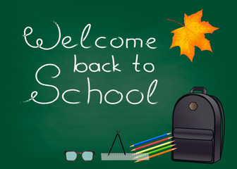 Back to school, signboard, school board with chalk, autumn and yellow leaves, autumn sale, eps 10