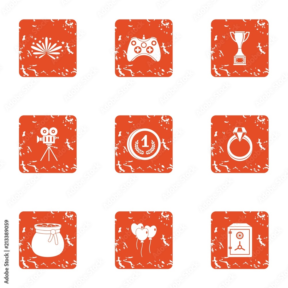 Poster interactive game icons set. grunge set of 9 interactive game vector icons for web isolated on white 