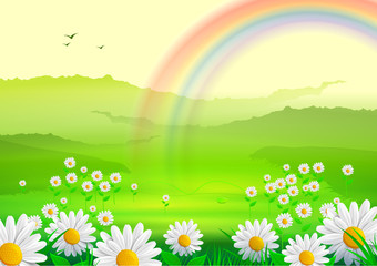 Obraz na płótnie Canvas Spring atmosphere with Forest + Flowers Background