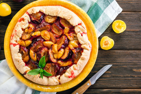 Galette Plum on the Wooden Background Summer Fruit Cake Fresh Baking Place Copying
