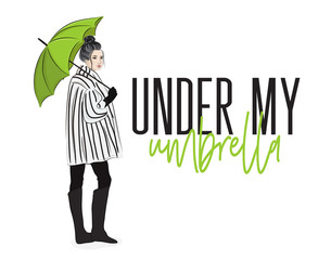 Cute fashion girl with umbrella, cartoon hand drawn vector illustration. Can be used for t-shirt print, fashion print design,  greeting card, blog decor celebration and invitation card.