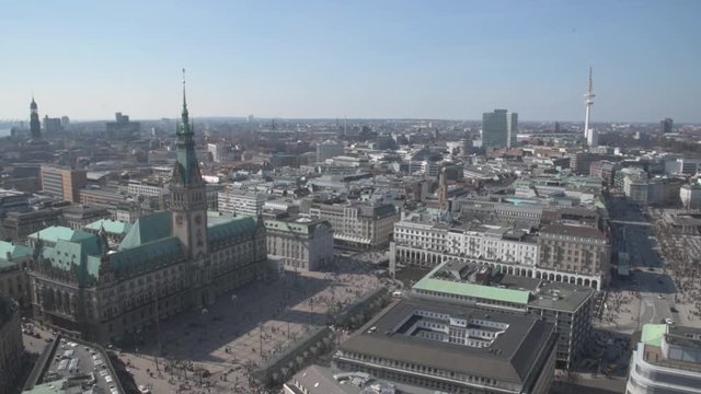 aerial view of Hamburg city hall, Rathausmarkt square and Jungfernstieg on sunny day