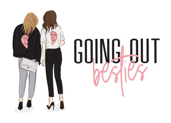 Vector characters. Two girls in fashion clothes on high heels are going out. Partner in crime magazine cute ilustration. Casual look glamour women, friendship print. Outfit blog poster