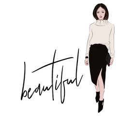 Fashion sketch. Woman in knitted sweater and midi skirt casual business illustration. Magazine portrait stylish look. Street style beautiful outfit. Blogger elegance going out outfit.