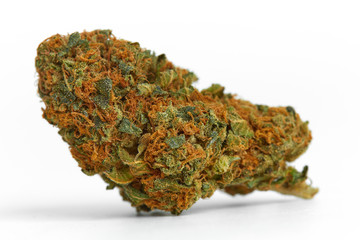 Close up of prescription and recreational indica medical marijuana isolated on monochrome background