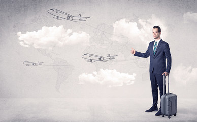 Businessman hitchhiking with flying airplanes cloud and map concept
