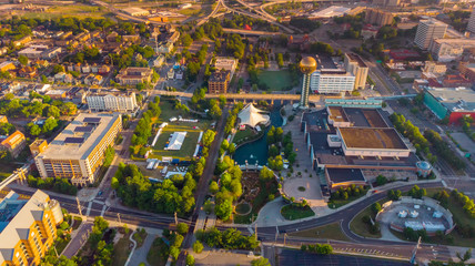 Aerial view of the World Fair Park in Knoxville Tennessee in the morning with Sun Sphere - obrazy, fototapety, plakaty