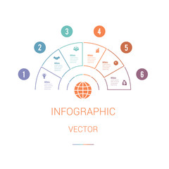 Fototapeta premium Infographic Template Colourful Pie Chart Semicircle with text areas on 6 positions. White Background. Set of business icons. Business Strategy