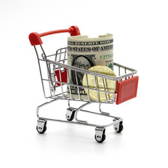 dollar and bitcoin money with Shopping Cart On White Background Shot In Studio