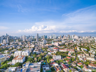 Bangkok cityscape bird eye view from drone and rive