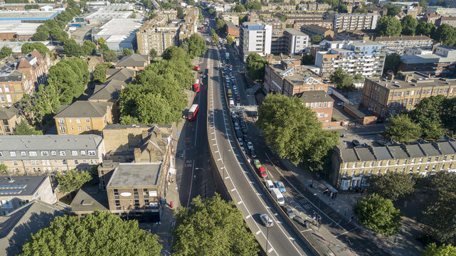 Aerial view of Bricklayers Arms Roundabout Flyover Bermondsey Tower Bridge road London UK