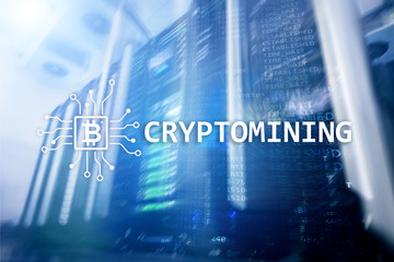 Cryptocurrency mining concept on server room background.