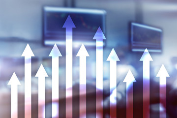 Up arrow graph on skyscraper background. Invesment and financial growth concept.