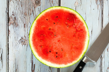 Watermelon cut in half - top view. Refreshing summer fruit