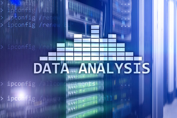 Big Data analysis text on server room background. Internet and modern technology concept.
