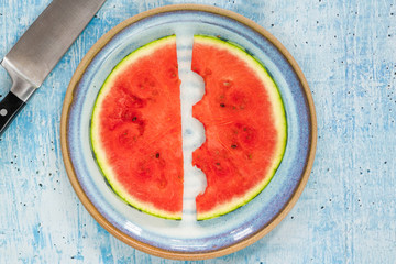 Two slices of watermelon - top view. Refreshing summer fruit