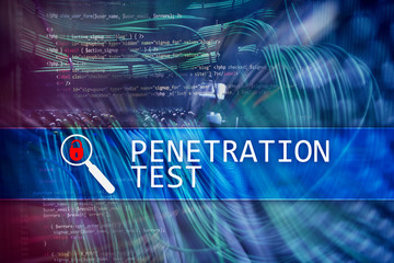 Penetration test. Cybersecurity and data protection. Hacker attack prevention. Futuristic  server room on background.