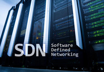 SDN, Software defined networking concept on modern server room background.
