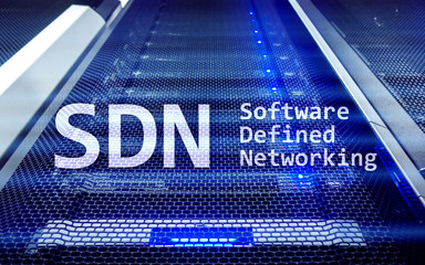 SDN, Software defined networking concept on modern server room background.