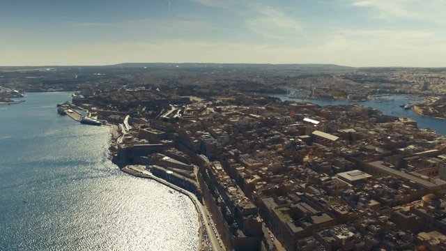 High Aerial shot descending over Valletta, Malta