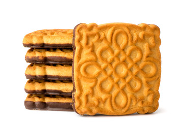 Chocolate chip cookies on a white, close-up.