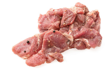 Raw fresh meat chunks isolated on white, ready for barbecue.