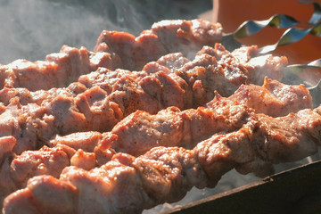 Appetizing juicy pork barbecue is roasted on skewers on top of charcoal grill. Close-up meat pieces.