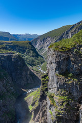 View of the Bjoreio river valley. Vertical frame. . National park Hardangervidda, EidFjord, Norway.