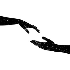 иллюстрация две руки мужская и женская с космосом внутри тянутся друг к другу, изображение любви