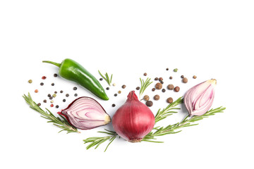 Beautiful composition with ripe red onions on white background