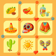 Mexico icons vector illustration traditional graphic travel tequila alcohol fiesta drink ethnicity aztec maraca sombrero.