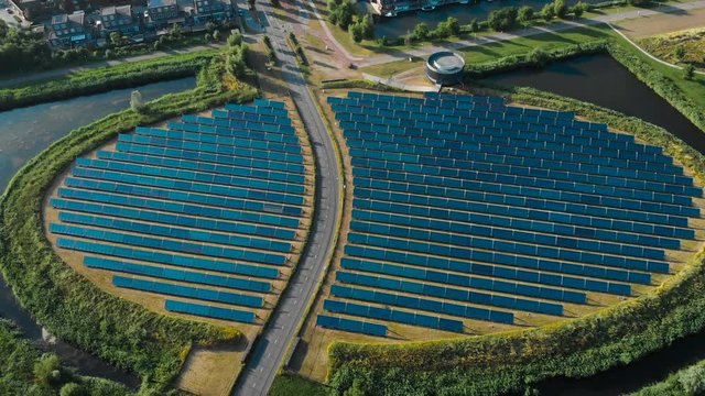 Solar panels with unique design in a form of an island. Energy is used to power city heating in a modern sustainable neighborhood Noorderplassen in Almere, The Netherlands